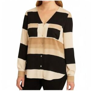 Joseph Ribkoff navy, beige, and‎ off-white striped button-down blouse